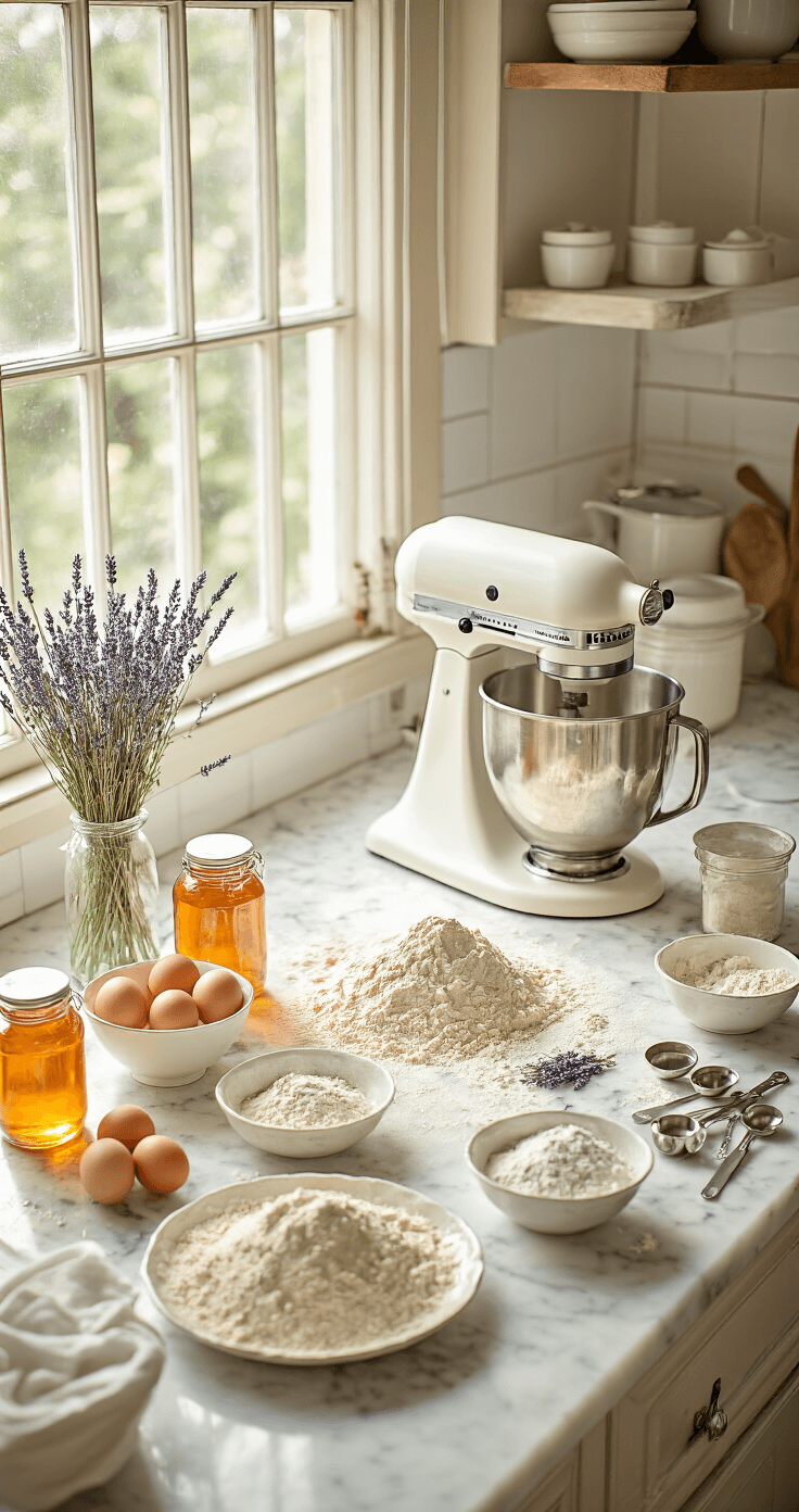 Lavender Honey Wedding Cake: A Stunning Floral Celebration Dessert Overhead view of a bright kitchen workspace with a marble countertop featuring ingredients for baking a wedding cake, including golden honey, dried lavender, fresh eggs, and sifted flour in vintage mixing bowls, alongside a stand mixer and gleaming measuring tools.