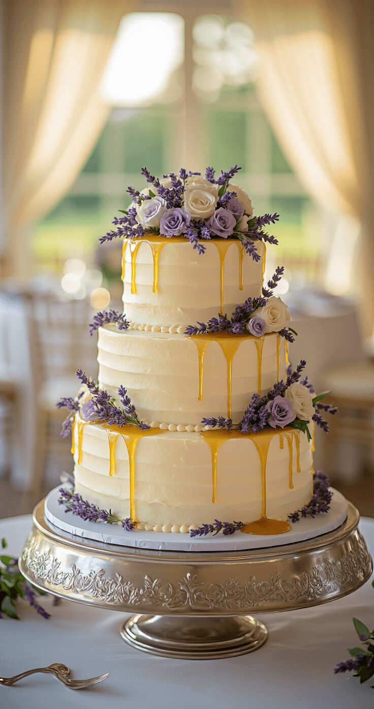 Lavender Honey Wedding Cake: A Stunning Floral Celebration Dessert Close-up of a three-tiered lavender honey wedding cake on a silver stand, adorned with cream frosting, fresh lavender, and edible flowers, with golden honey dripping down one side, set against an elegantly draped wedding venue backdrop.