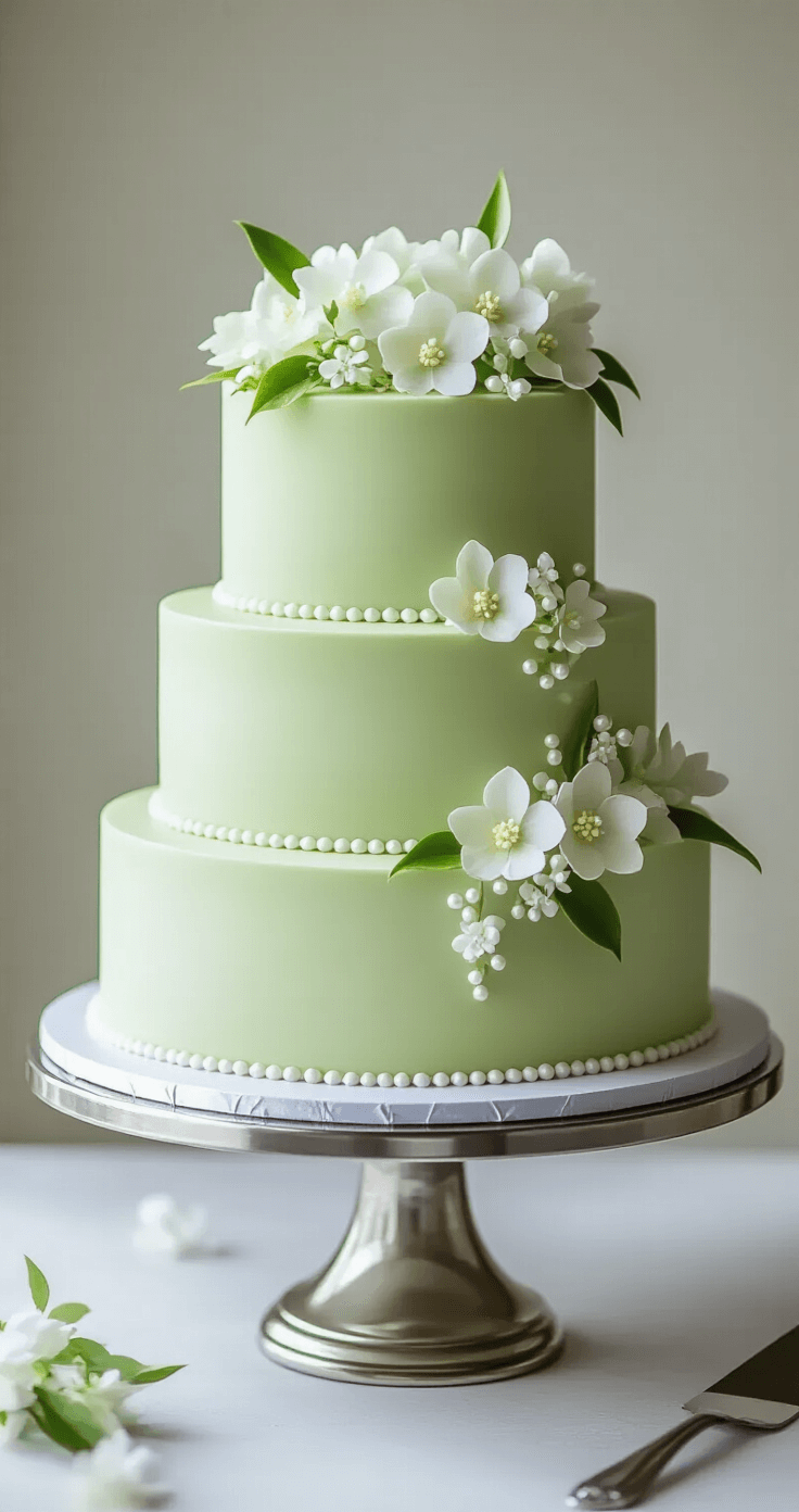 Jasmine Green Tea Wedding Cake: An Elegant Botanical Celebration Dessert Three-tiered jasmine green tea cake on a silver stand, featuring pale green layers, translucent buttercream, fresh jasmine flowers, and pearl details, under soft studio lighting.