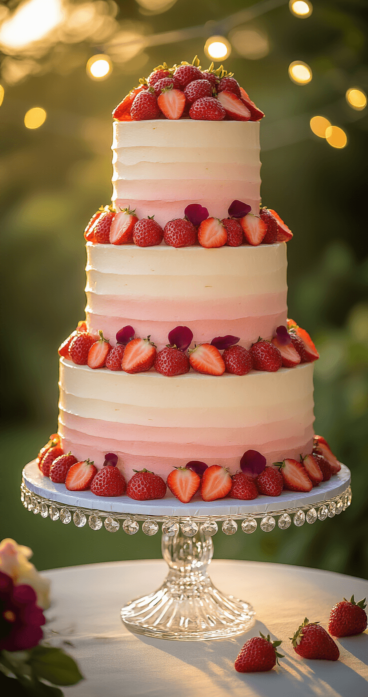 Hibiscus Strawberry Wedding Cake: A Romantic Culinary Masterpiece An elegantly styled three-tiered wedding cake with pink-tinted buttercream, cascading fresh strawberries, dried hibiscus petals, and edible gold dragees, displayed on a crystal stand in a softly lit garden with string lights.