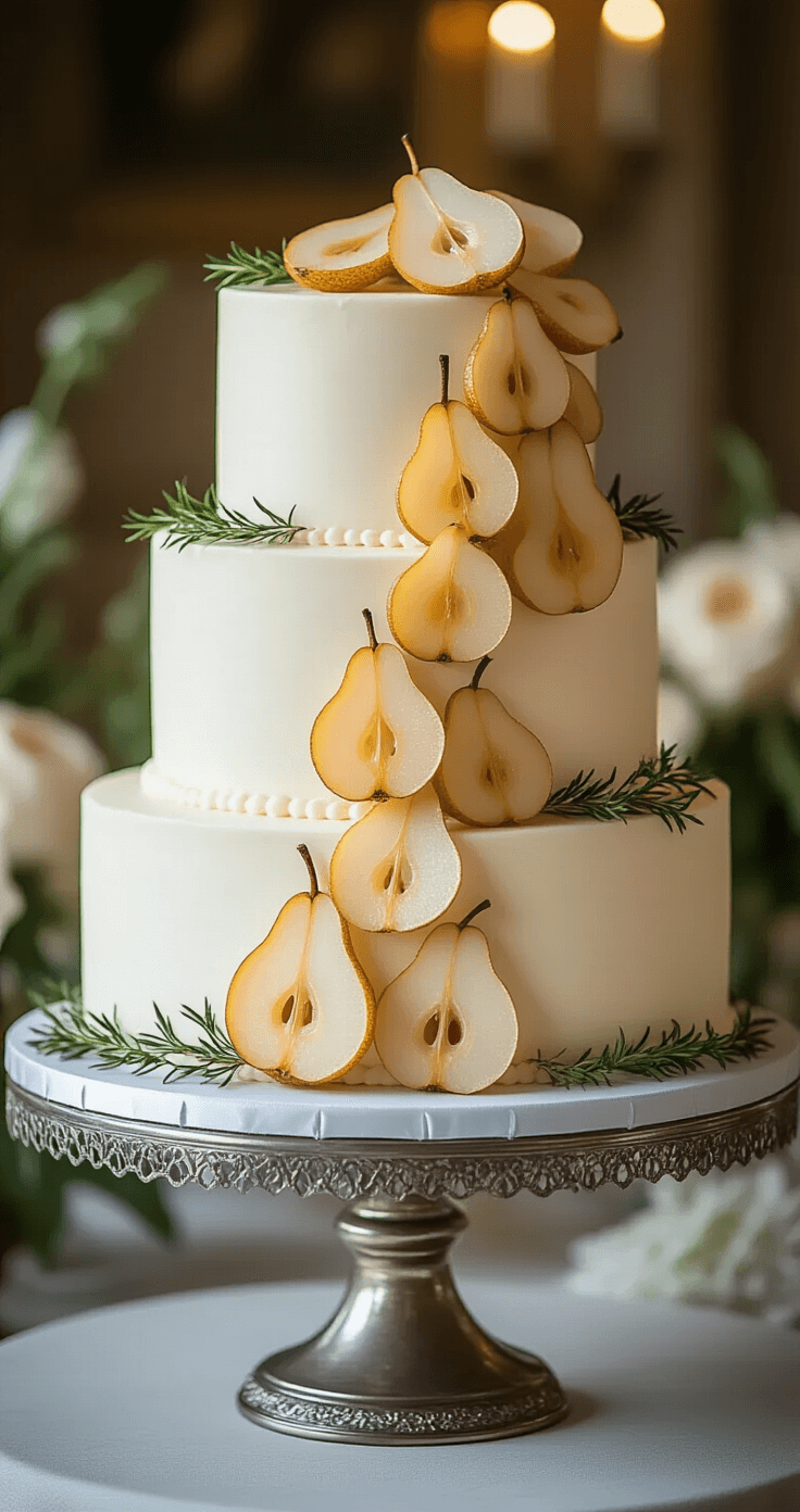 Elderflower Pear Wedding Cake: A Romantic Culinary Masterpiece A three-tier elderflower pear wedding cake on an antique silver stand, adorned with dried pear slices and edible gold glitter, featuring a smooth ivory buttercream finish and fresh herbs, set against a blurred elegant wedding backdrop.