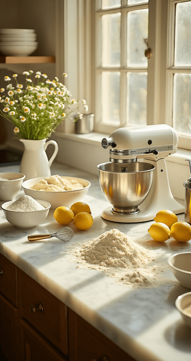 Chamomile Lemon Wedding Cake: A Romantic Floral Masterpiece A sunlit kitchen countertop organized with ingredients for a wedding cake, including fresh chamomile flowers, bright lemons, and sifted flour, beside a vintage mixer and shining measuring tools, all bathed in warm afternoon light.