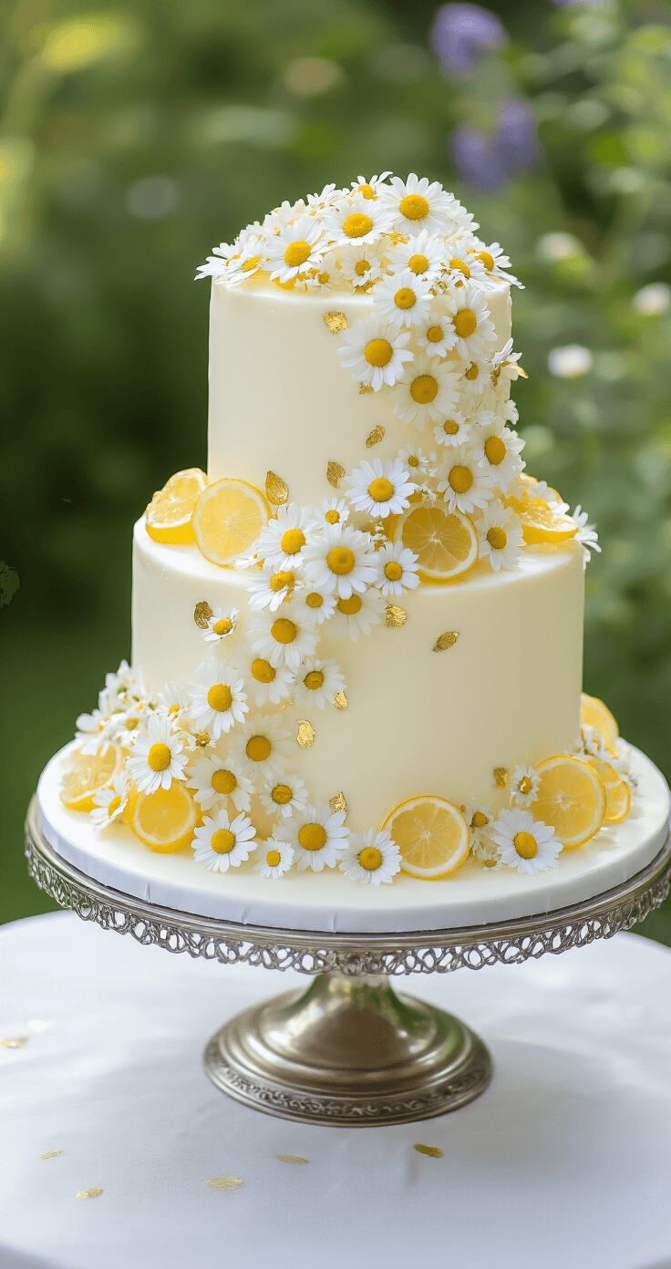 Chamomile Lemon Wedding Cake: A Romantic Floral Masterpiece A breathtaking three-tiered wedding cake adorned with chamomile flowers and candied lemon slices, presented on an antique silver stand in a garden setting, enhanced by edible gold leaf and fresh blooms.