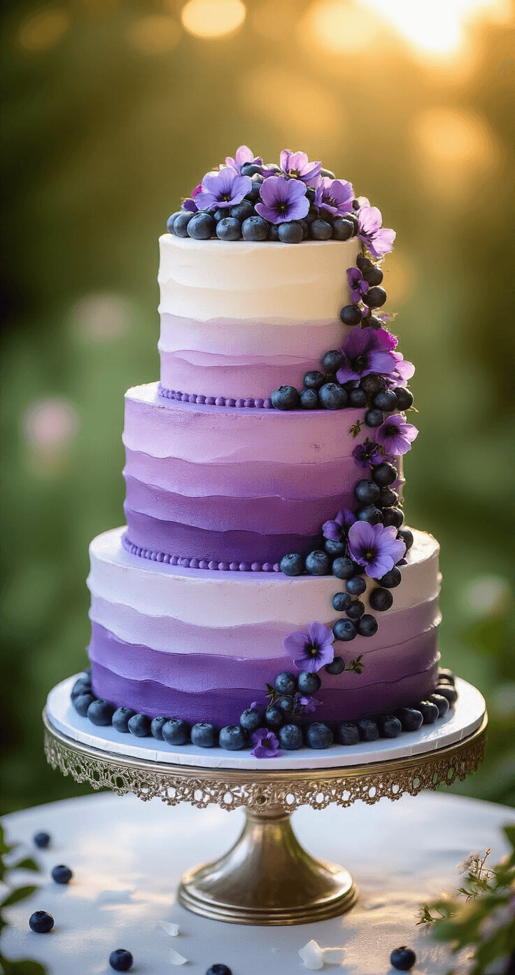 Violet Blueberry Wedding Cake: A Stunning Centerpiece Dessert An elegant three-tiered wedding cake with purple ombre frosting, adorned with fresh blueberries, edible violet flowers, and white chocolate shavings, displayed on a silver stand against a garden backdrop in golden hour lighting.