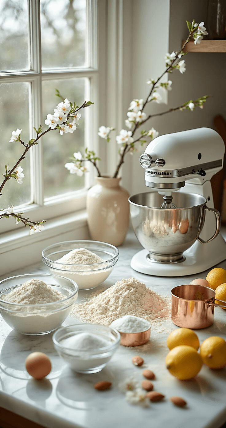 Almond Blossom Wedding Cake: An Artistic Culinary Masterpiece A well-lit kitchen countertop displays ingredients for an almond blossom wedding cake, including bowls of sifted flour, eggs, sugar in a copper cup, and decorative almond blossoms and citrus fruits, with a vintage stand mixer in the background.
