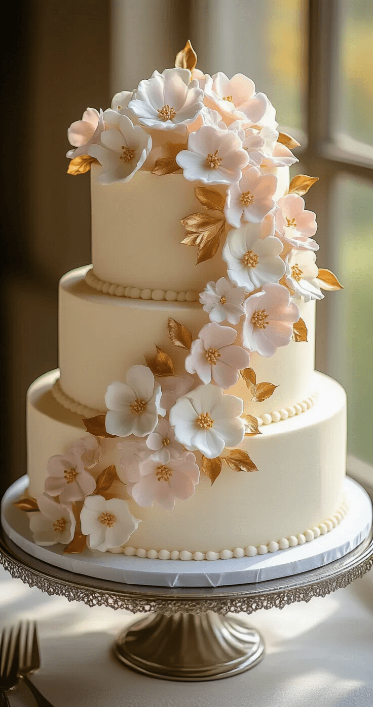 Almond Blossom Wedding Cake: An Artistic Culinary Masterpiece A three-tiered wedding cake adorned with pastel hand-piped buttercream flowers and delicate gold leaf, displayed on a silver cake stand, illuminated by warm light with a blurred background.