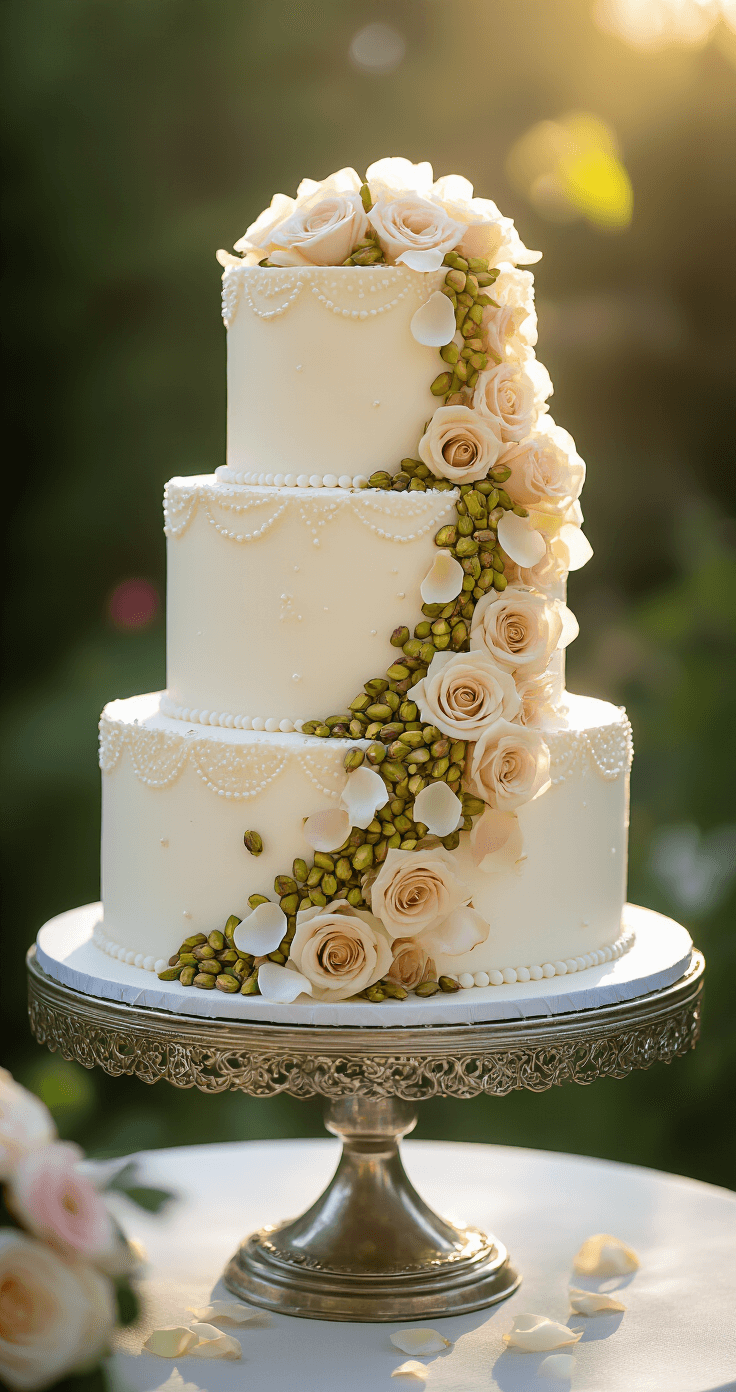 Cardamom Rose Wedding Cake: A Romantic Culinary Masterpiece Stunning three-tiered wedding cake with white frosting, adorned with fresh rose petals and crushed pistachios, displayed on a silver stand against a garden backdrop, illuminated by golden light.