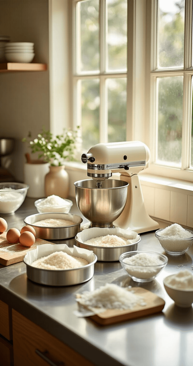 Coconut Passionfruit Wedding Cake: A Tropical Celebration of Flavor A sunlit professional kitchen with stainless steel counters, featuring three lined cake pans, a cream-colored stand mixer, and measured ingredients like flour, sugar, eggs, and coconut, illuminated by natural light.