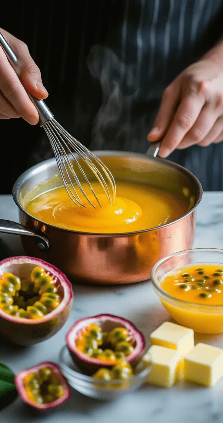 Coconut Passionfruit Wedding Cake: A Tropical Celebration of Flavor Close-up of vibrant yellow-orange passionfruit curd being whisked in a copper saucepan, with steam rising in golden afternoon light; a glass bowl of fresh passionfruit pulp and softening butter cubes on a marble surface are nearby, as a chef's hands create ripples in the glossy mixture.