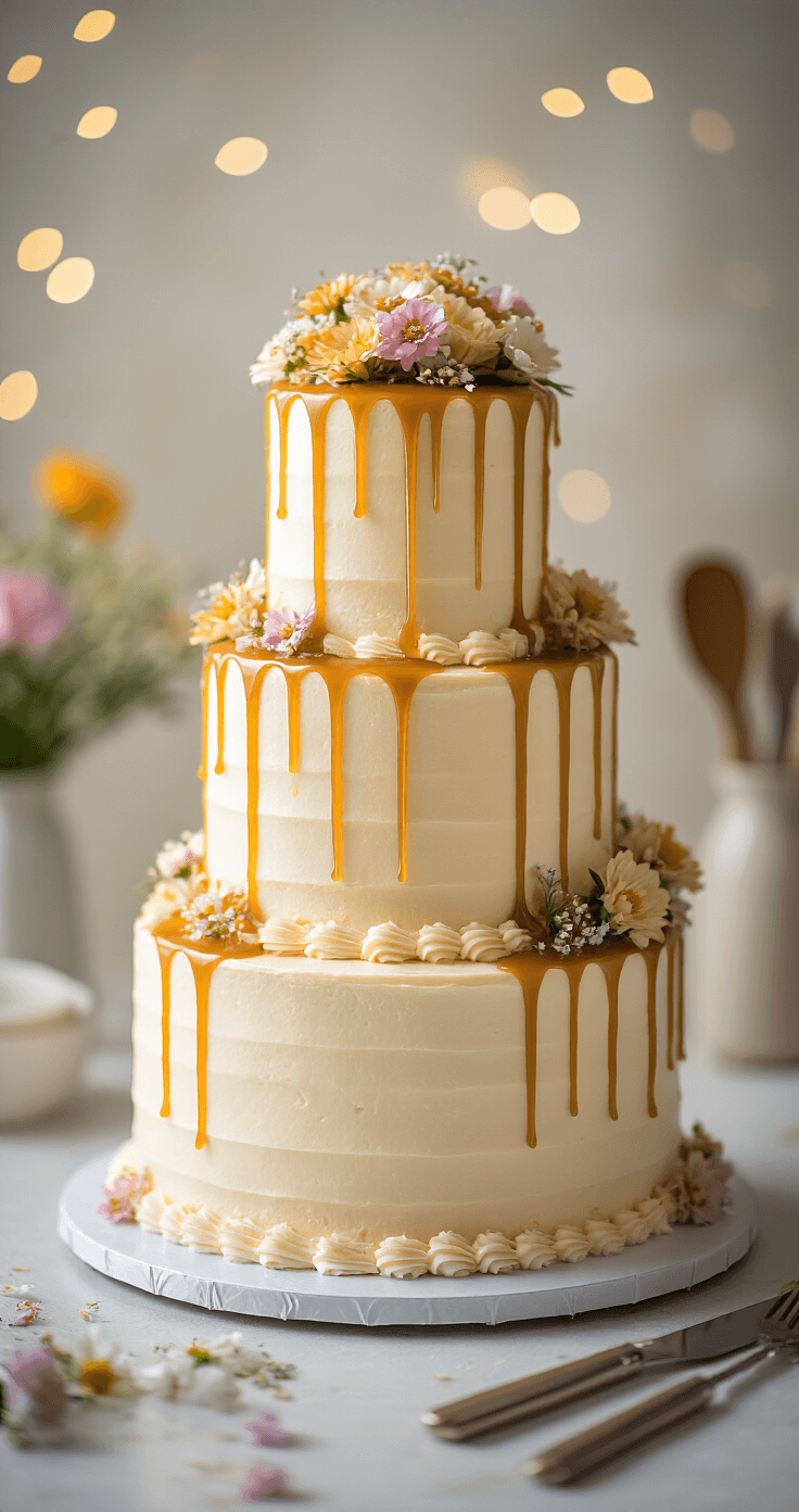 Banana Caramel Wedding Cake: The Ultimate Showstopper Dessert Close-up of golden caramel artistically dripping down a three-tiered white cream cheese frosted wedding cake, with soft bokeh, edible flowers, and cake decorating tools in the background.