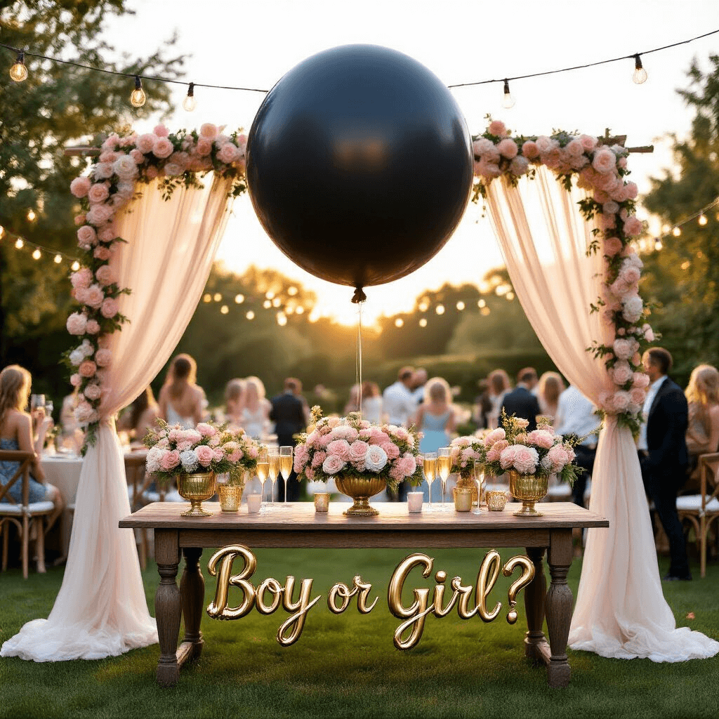 Magical Gender Reveal Balloons: The Ultimate Party Surprise Guide A sunlit garden party features a dramatic gender reveal setup with a large black balloon, gold lettering, and rustic wooden table adorned with sheer white fabric. Blush pink and powder blue floral arrangements in vintage milk glass vases surround the balloon. Guests enjoy champagne on a manicured lawn under soft string lights, with an ornate gold balloon arch in the foreground spelling 'Boy or Girl?' in elegant cursive.