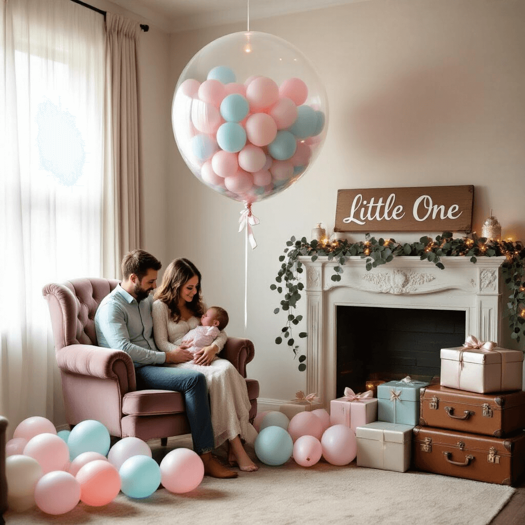 Magical Gender Reveal Balloons: The Ultimate Party Surprise Guide A cozy living room gender reveal setup with soft morning light, featuring a plush velvet armchair, pastel balloons, and a giant clear balloon filled with pink or blue confetti. Vintage suitcases with metallic gifts sit nearby, and a sign reading 'Little One' rests against a decorated fireplace mantel.