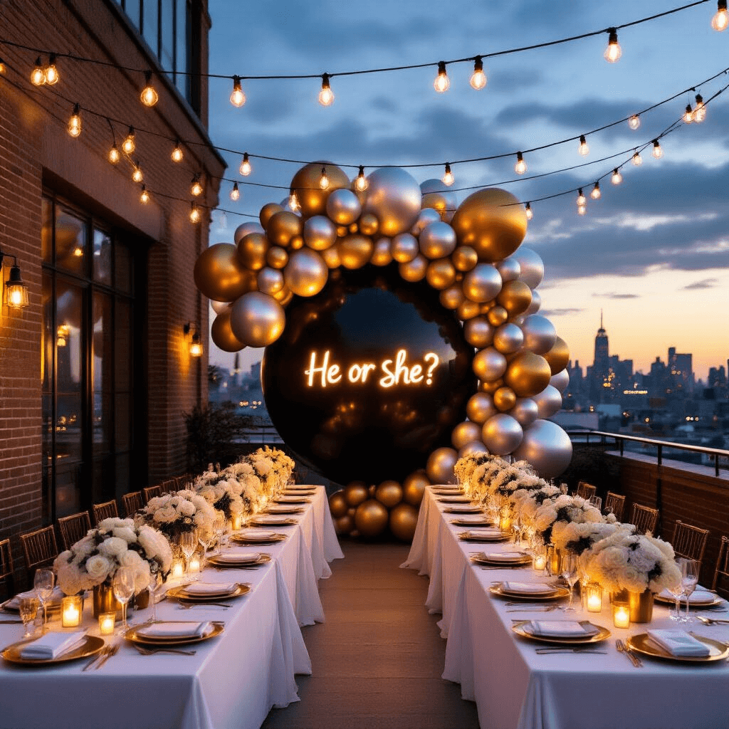 Magical Gender Reveal Balloons: The Ultimate Party Surprise Guide A chic rooftop terrace at twilight, elegantly set for a gender reveal dinner party with white linens, gold chargers, crystal stemware, and white rose centerpieces, featuring a glowing 'He or She?' neon sign against a brick wall and a balloon installation of a black sphere surrounded by metallic gold and silver balloons, with a twinkling cityscape in the background.