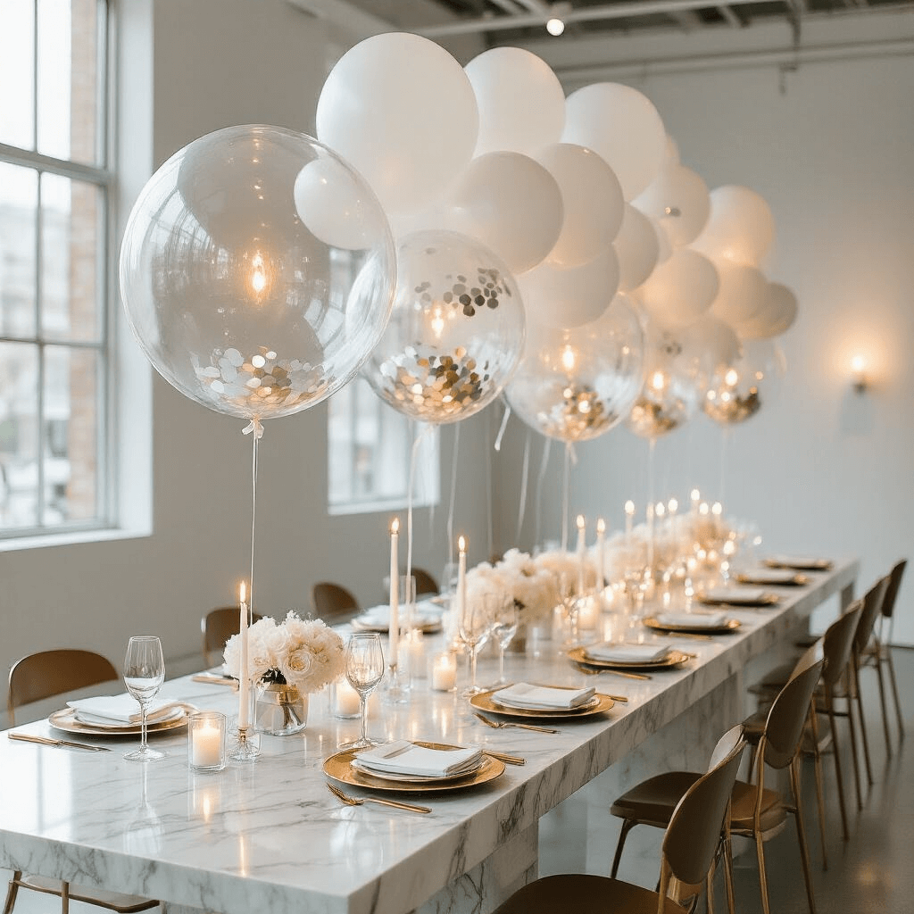 Balloons: The Ultimate Event Decor Guide - From DIY to Luxury Styling A luxurious minimalist wedding reception in a modern art gallery, showcasing stark white walls adorned with an avant-garde balloon installation of oversized clear bubble balloons filled with metallic confetti. Long marble tables feature gold-rimmed place settings and sleek centerpieces of single statement balloons on lucite stands, illuminated by flickering candlelight in frosted glass holders.