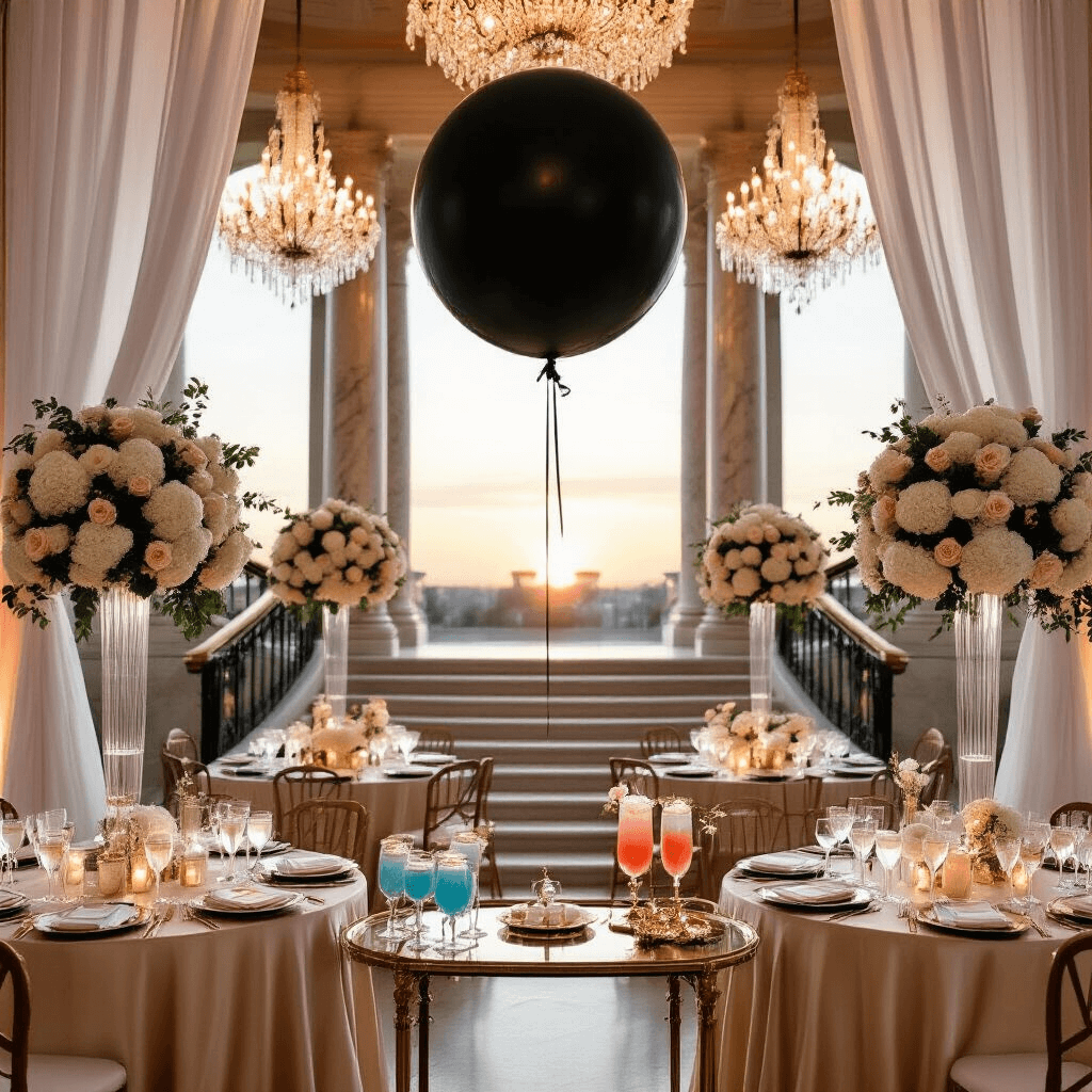 Magical Gender Reveal Balloons: The Ultimate Party Surprise Guide An elegant ballroom gender reveal gala with a sunset backdrop, featuring crystal chandeliers, champagne-colored silk tables adorned with white hydrangeas and blush roses, a grand marble staircase with a large black balloon, flowing white curtains, gold balloon garlands, and a vintage bar cart with pink and blue cocktails garnished with edible flowers.