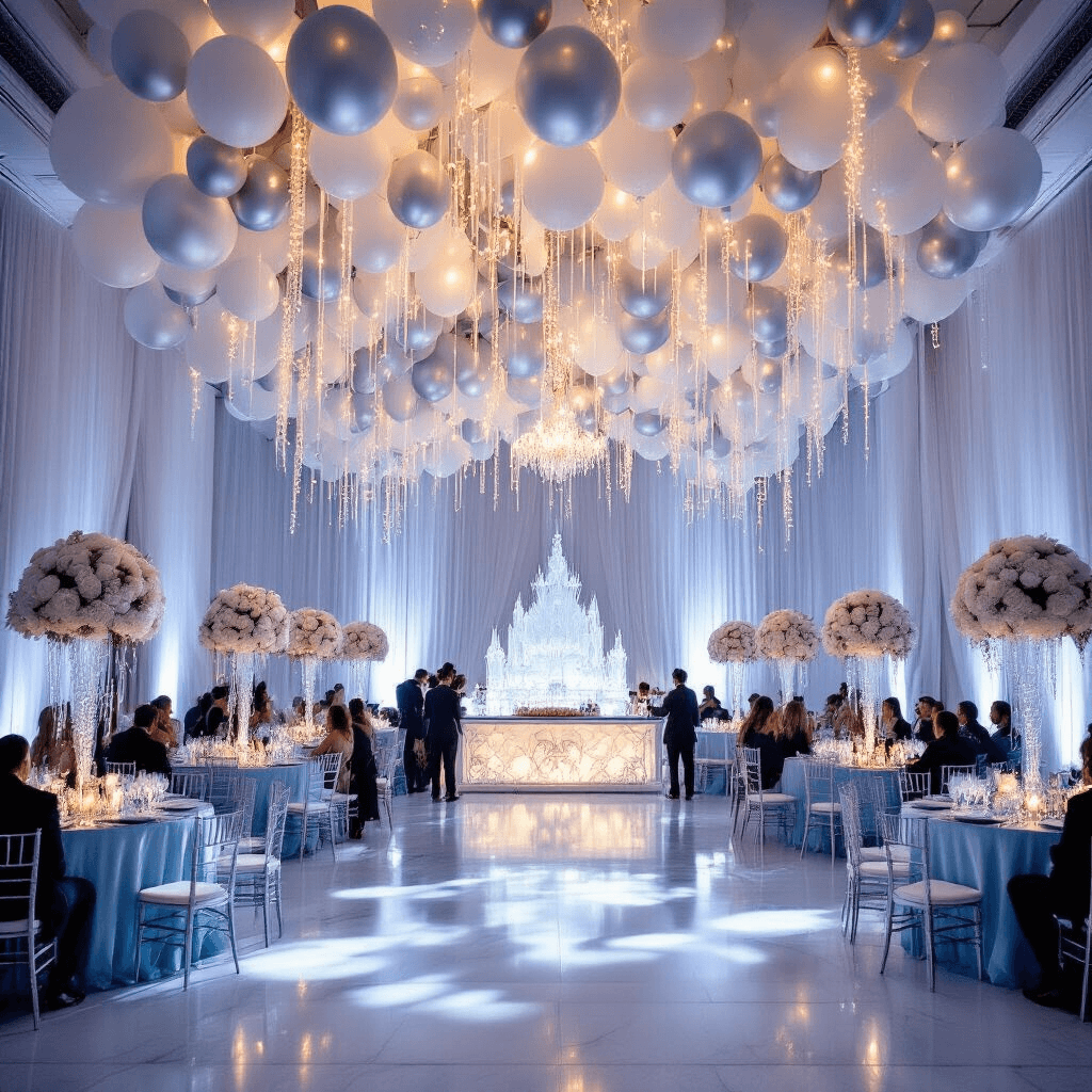Magical Wedding Balloons: Your Ultimate Guide to Stunning Event Decor A beautifully decorated indoor ballroom for a winter wedding, featuring frosted white and silver balloon arches, icy blue silk linens on round tables, towering white rose centerpieces, fairy lights, and an ornate ice sculpture bar with guests in elegant attire.
