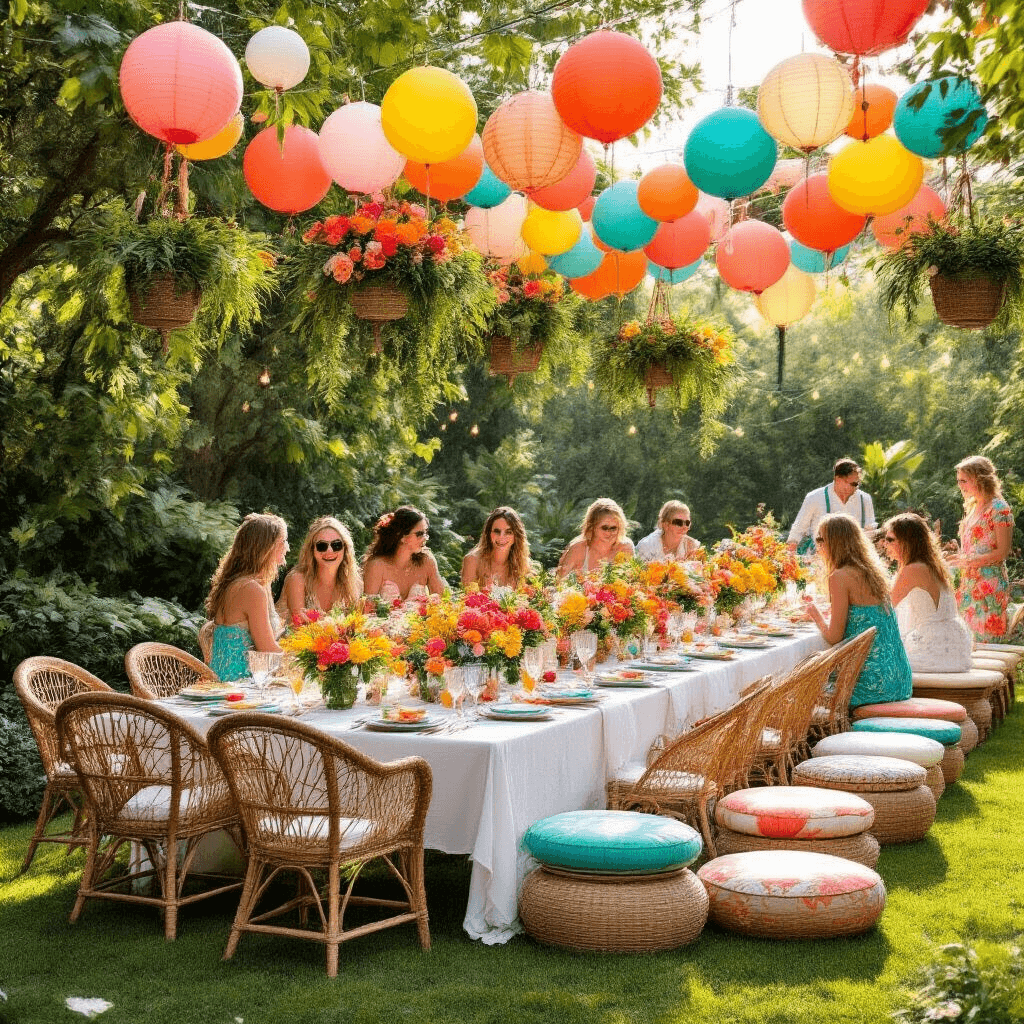 Magical Wedding Balloons: Your Ultimate Guide to Stunning Event Decor A vibrant summer garden party set in golden hour sunlight, featuring long farmhouse tables with white linens and tropical floral arrangements, colorful balloon garlands overhead, eclectic seating with rattan chairs and floor cushions, string lights, hanging plants, paper lanterns, and a vintage ice cream cart surrounded by laughing guests in bright summer attire.