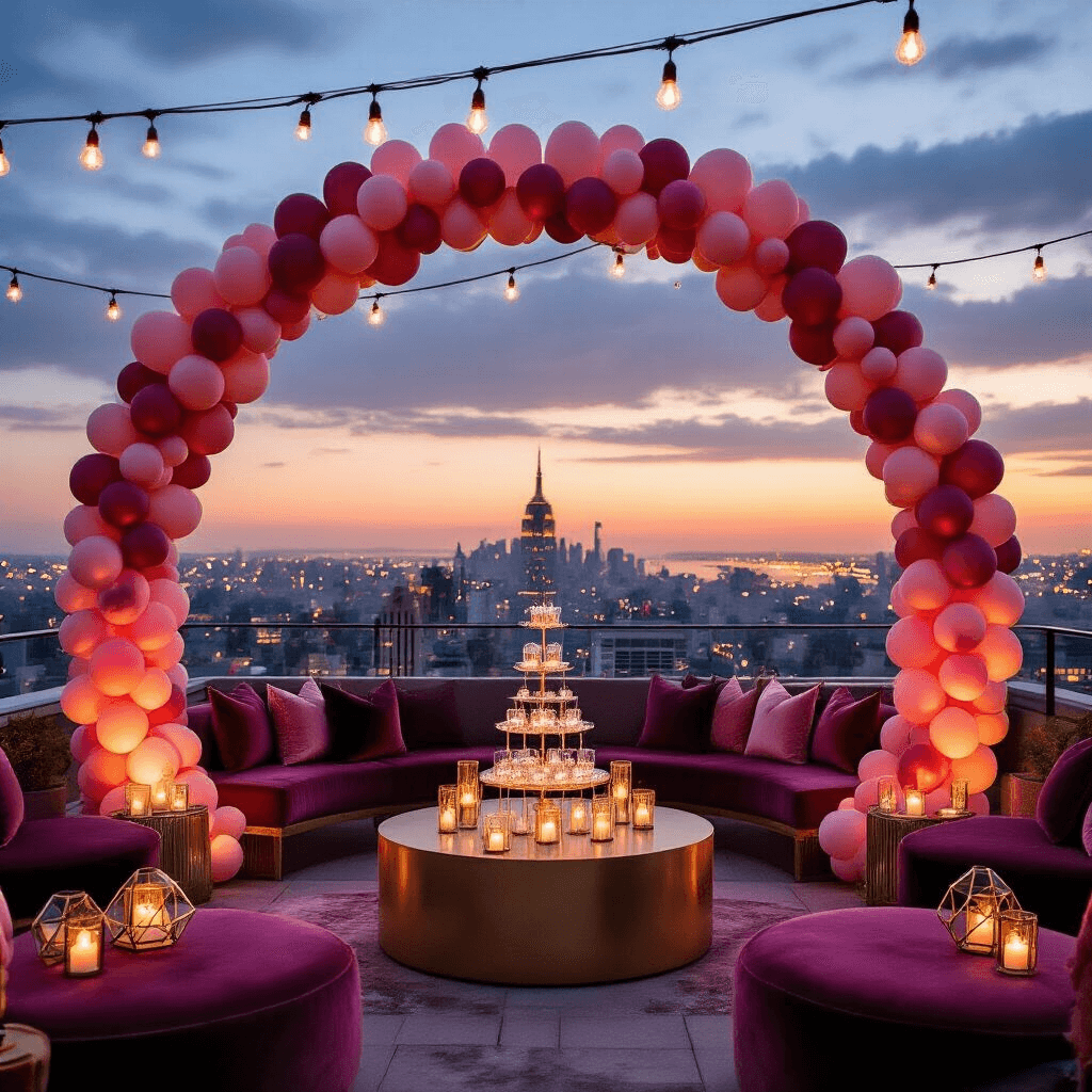 Magical Wedding Balloons: Your Ultimate Guide to Stunning Event Decor An elegantly decorated rooftop terrace at twilight featuring a balloon arch in ombré shades, low velvet cocktail tables with gold terrariums, plush lounge seating with jewel-toned pillows, a sparkling champagne tower, and a live jazz trio, all against a backdrop of twinkling city lights and a colorful sunset sky.