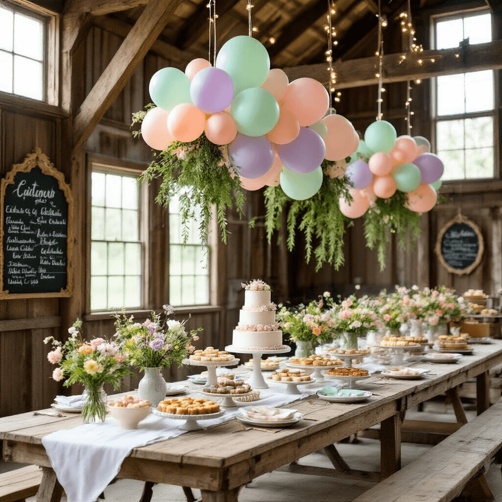 Magical Wedding Balloons: Your Ultimate Guide to Stunning Event Decor A whimsical spring celebration inside a rustic barn, with pastel balloons, long wooden tables set with white runners and wildflower bouquets, floral hoops with fairy lights, a tiered naked cake, assorted pies, and hand-lettered chalkboard menus.