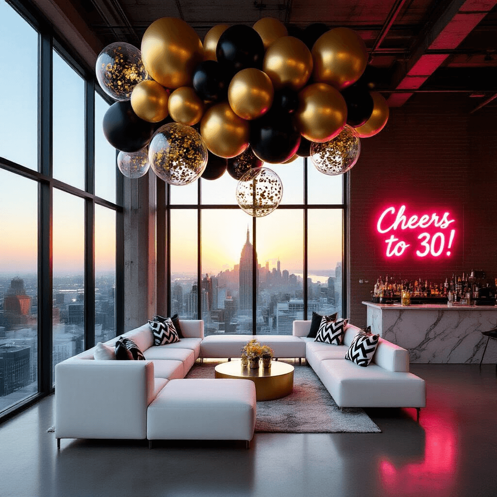 Magical Wedding Balloons: Your Ultimate Guide to Stunning Event Decor A modern loft space decorated for a stylish 30th birthday party, featuring floor-to-ceiling windows with city views, a dramatic metallic balloon installation, white lounge furniture with geometric black and white pillows, and a neon sign saying 'Cheers to 30!' illuminating a marble bar where bartenders prepare cocktails.
