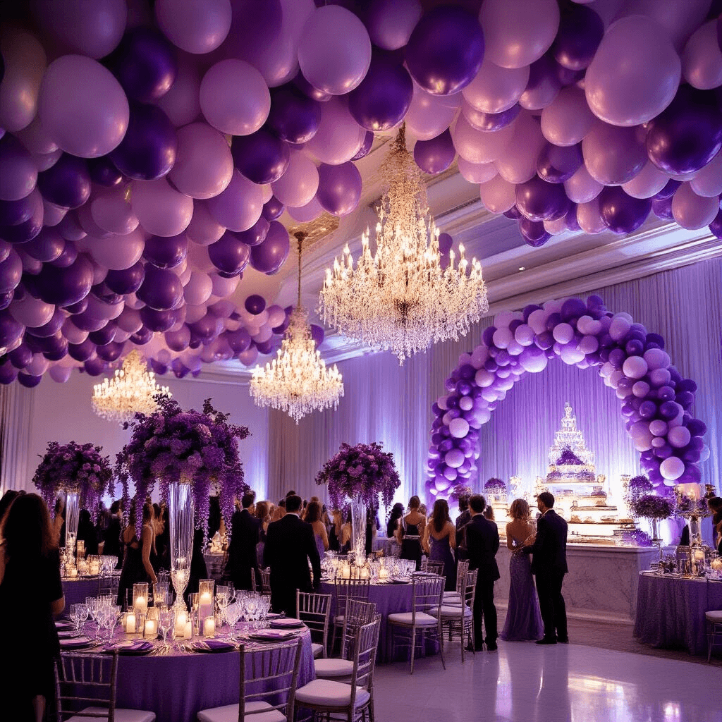 Purple Balloons: The Ultimate Guide to Elegant Event Decor An elegant ballroom decorated for a gala, featuring cascading lavender and deep plum balloons, crystal chandeliers, round tables with silver linens, tall glass vases of floating orchids, a balloon arch, a dessert display, and guests in formal attire near a marble bar adorned with purple wisteria.