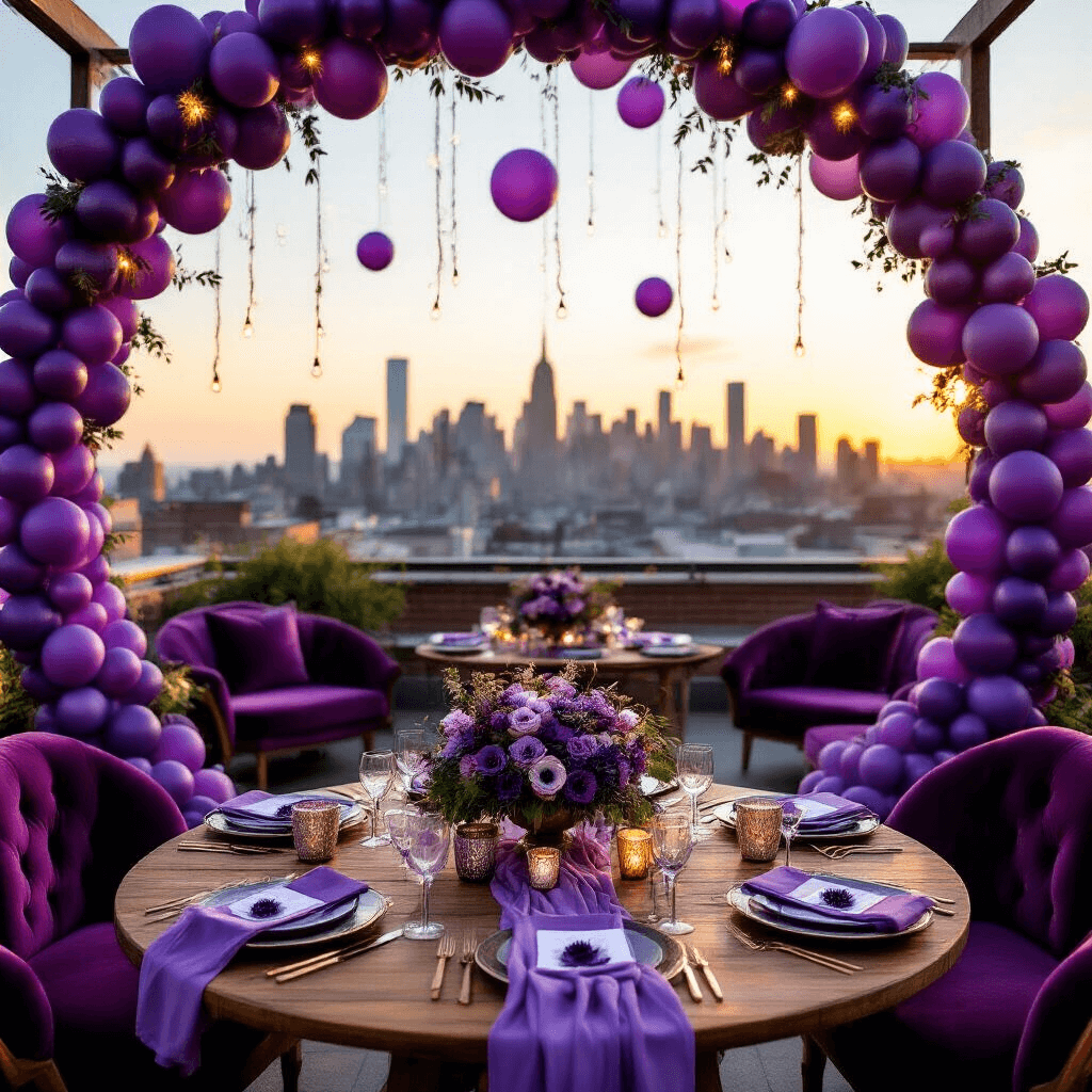 Purple Balloons: The Ultimate Guide to Elegant Event Decor An intimate rooftop terrace at golden hour decorated for a romantic purple-themed wedding, featuring a circular balloon arch, wooden farm tables with gauzy runners, and cozy seating areas, all illuminated by warm sunlight and fairy lights.