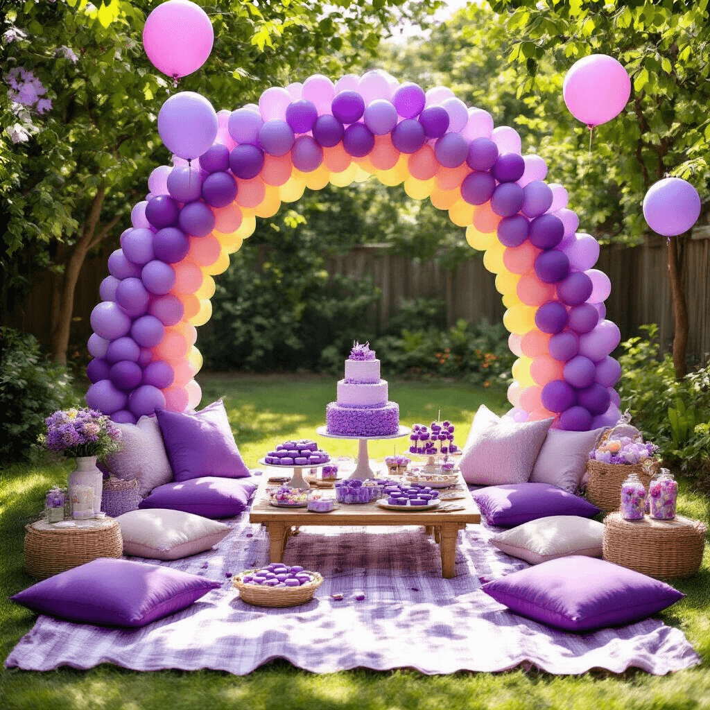 Purple Balloons: The Ultimate Guide to Elegant Event Decor A whimsical children's birthday party in a sun-drenched backyard featuring a balloon rainbow arch in shades of purple, scattered picnic blankets and low tables with purple cushions, a dessert cart overflowing with purple treats, clusters of helium balloons, and charming DIY elements, all viewed from an overhead angle.