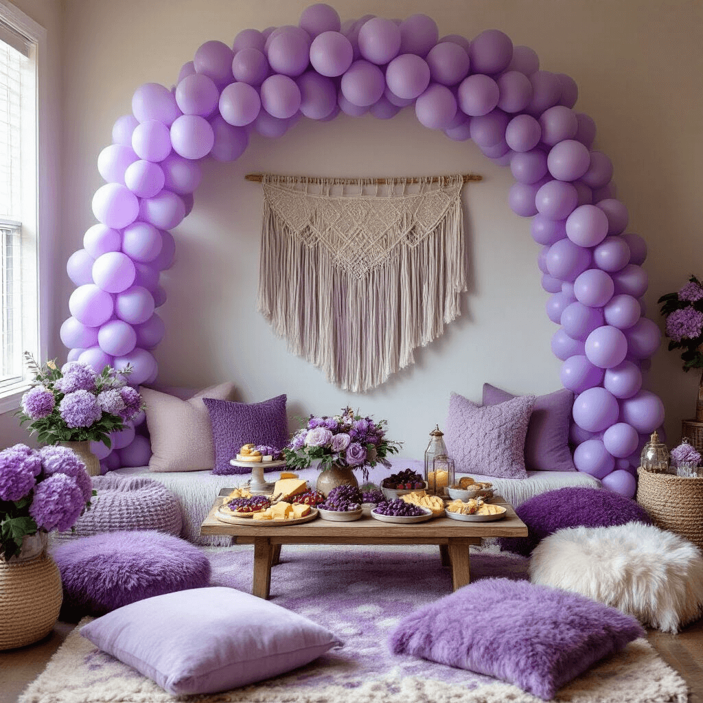 Purple Balloons: The Ultimate Guide to Elegant Event Decor A cozy purple-themed baby shower setup featuring soft lavender balloons, a grazing board with purple fruits and cheeses, plush floor cushions, and a macramé wall hanging. The scene is illuminated by mercury glass lanterns, with floral accents of purple hydrangeas and eucalyptus enhancing the intimate atmosphere.