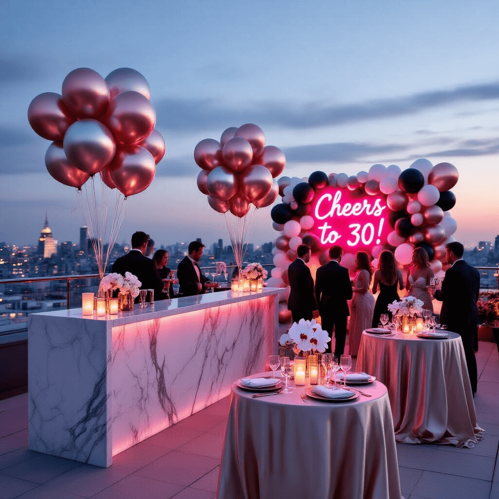 Ultimate Guide to Birthday Balloons: Transform Your Celebration with Colorful Style An elegant rooftop terrace party at twilight with guests mingling, a sleek marble bar decorated with silver and rose gold balloons, champagne-colored silk tables with floating candles and orchids, a pink neon sign saying 'Cheers to 30!', and a stylish balloon wall in black, white, and gold serving as a photobooth backdrop.