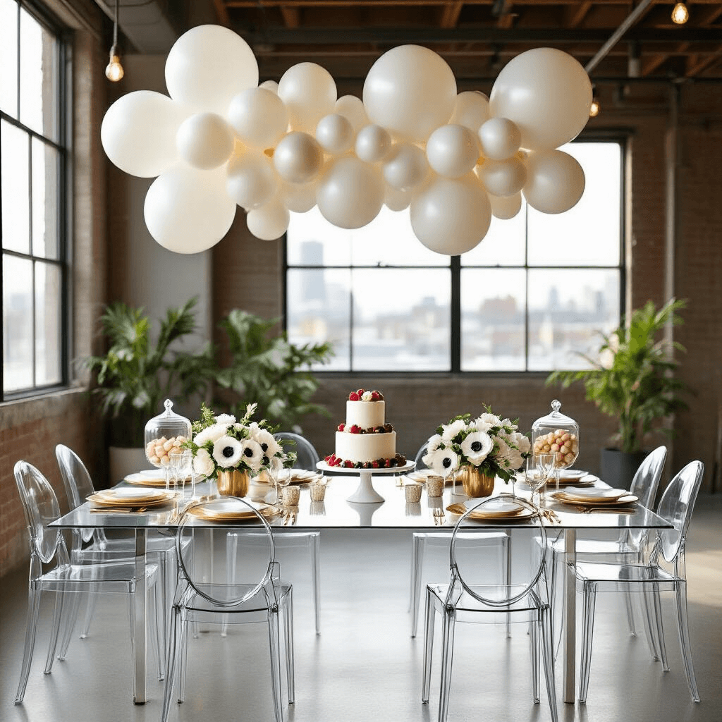White Balloons: The Ultimate Guide to Versatile Event Decor Overhead view of a chic modern baby shower in a sleek urban loft, featuring a minimalist balloon installation, ghost chairs around a long acrylic table set with gold-rimmed plates and geometric centerpieces, a dessert station with a naked cake and candy jars, all illuminated by soft morning light.