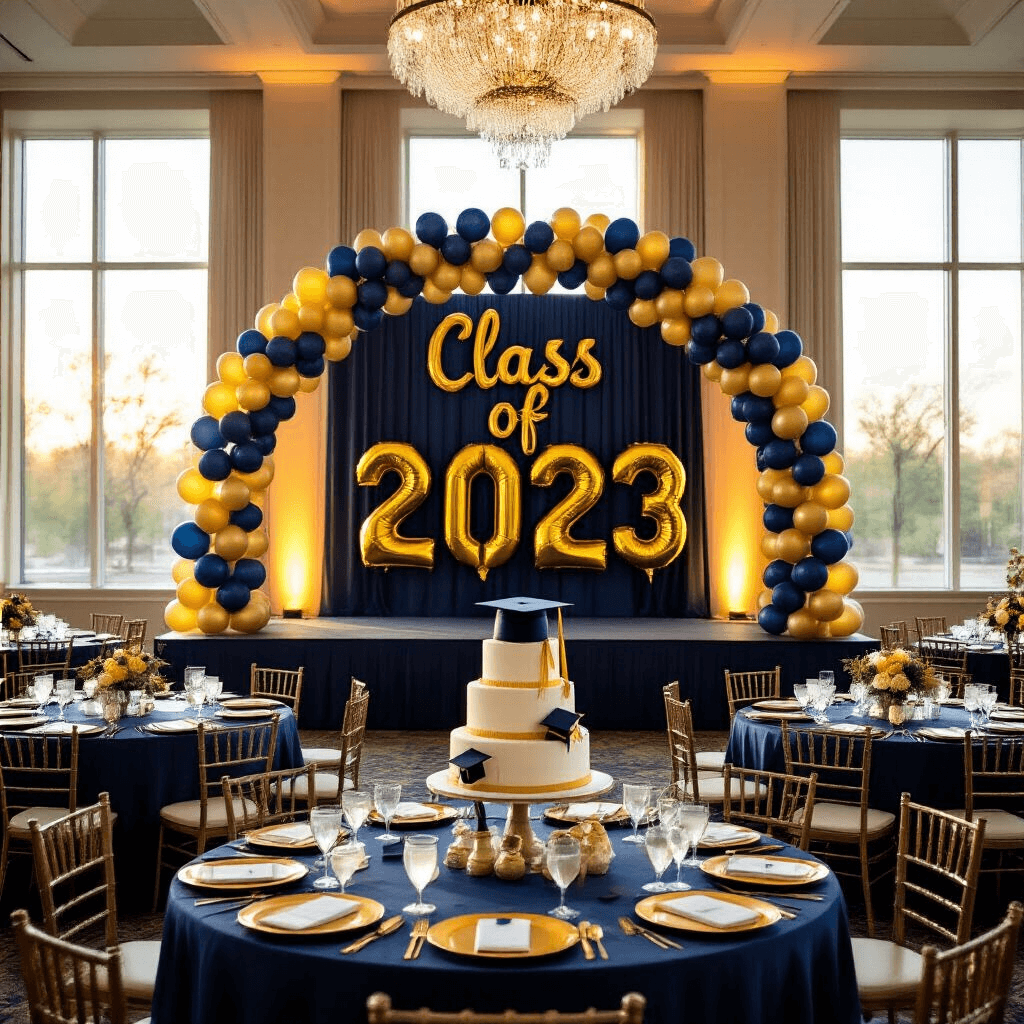 Graduation Balloons: The Ultimate Guide to Creating Stunning Celebration Decor A beautifully decorated indoor ballroom for a graduation celebration, featuring a navy and gold balloon arch framing a 'Class of 2023' stage, elegantly set round tables with navy tablecloths and gold charger plates, and a dessert table with a decorated tiered cake, all illuminated by golden hour light and crystal chandeliers.