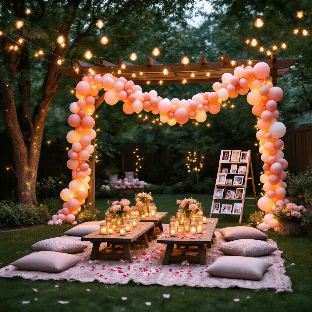 Graduation Balloons: The Ultimate Guide to Creating Stunning Celebration Decor An intimate backyard graduation party at twilight with fairy lights overhead, a rustic pergola adorned with a balloon garland, picnic-style tables with cushions, and a vintage ladder displaying framed photos, creating a cozy and celebratory atmosphere.