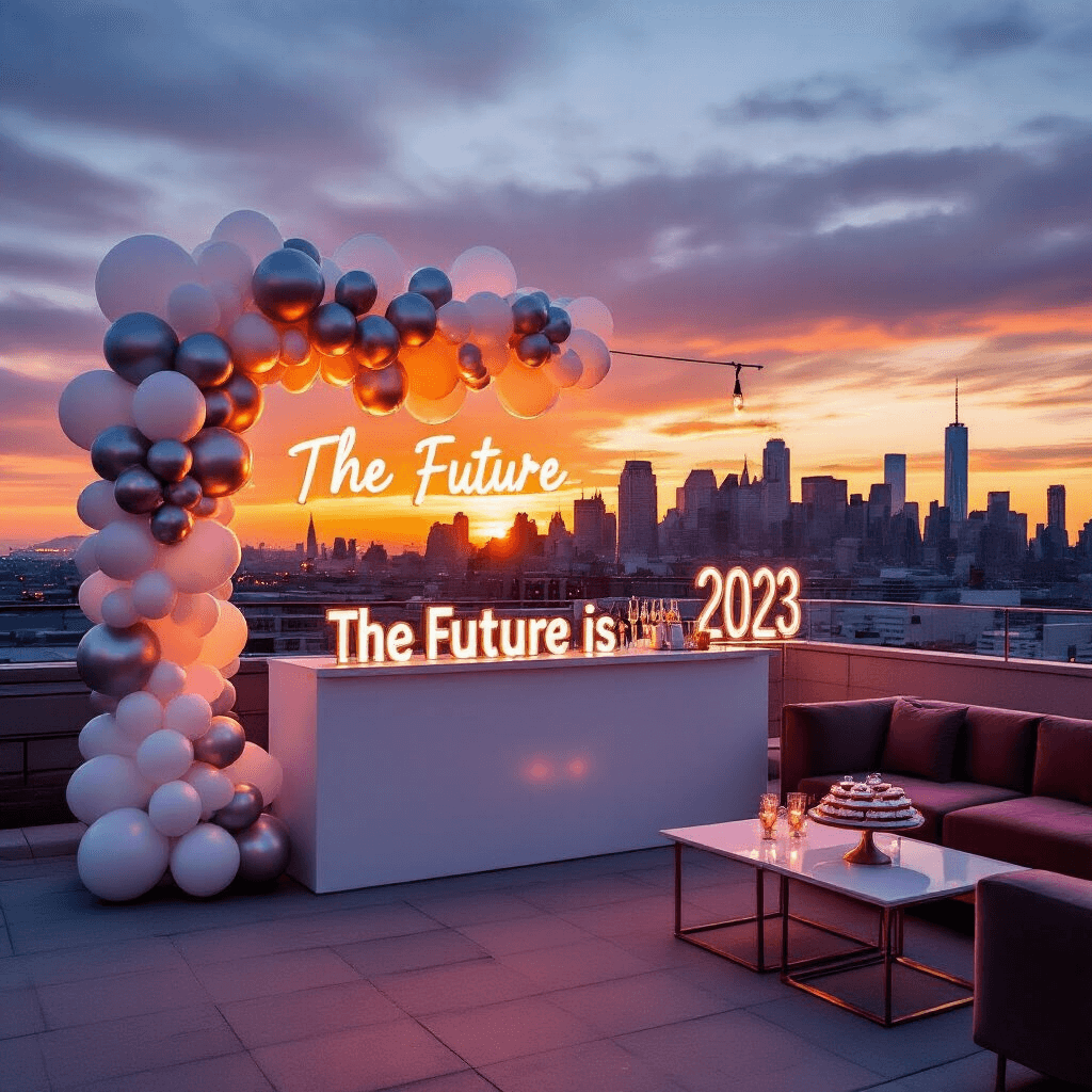 Graduation Balloons: The Ultimate Guide to Creating Stunning Celebration Decor A modern rooftop terrace graduation celebration at sunset, featuring a city skyline backdrop, a sleek white bar with an ombré balloon installation, high cocktail tables with minimalist balloon centerpieces, a neon sign saying 'The Future is Bright', a lounge area with velvet sectionals, and a donut wall spelling '2023'.