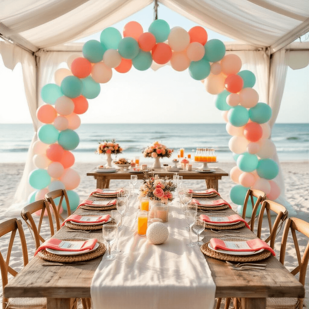 Graduation Balloons: The Ultimate Guide to Creating Stunning Celebration Decor A beautifully arranged beachfront graduation brunch setup with a balloon arch, gauzy tent, farmhouse tables with coral accents, sand-filled centerpieces, a mimosa bar on driftwood, and beach balls acting as guest books, all bathed in soft morning light.