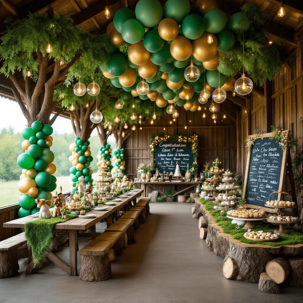 Graduation Balloons: The Ultimate Guide to Creating Stunning Celebration Decor An enchanted forest-themed graduation party in a rustic barn, featuring towering balloon trees, twinkle lights, long wooden tables with moss runners, animated woodland creature figurines, a dessert table shaped like a fallen log, and a balloon-framed chalkboard with congratulatory messages, all set under a ceiling of green balloons and hanging glass terrariums, illuminated by soft, dappled lighting.