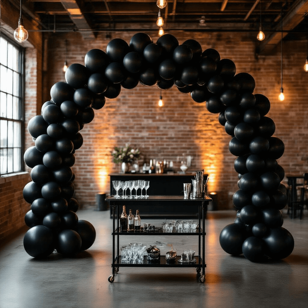 Black Balloons: The Ultimate Guide to Dramatic and Sophisticated Event Styling A stunning black balloon arch frames the entrance of an industrial loft, contrasting with exposed brick walls, while warm Edison bulb lighting enhances the urban sophistication of the scene. A sleek bar cart with crystal glasses and silver cocktail shakers is positioned in the foreground.