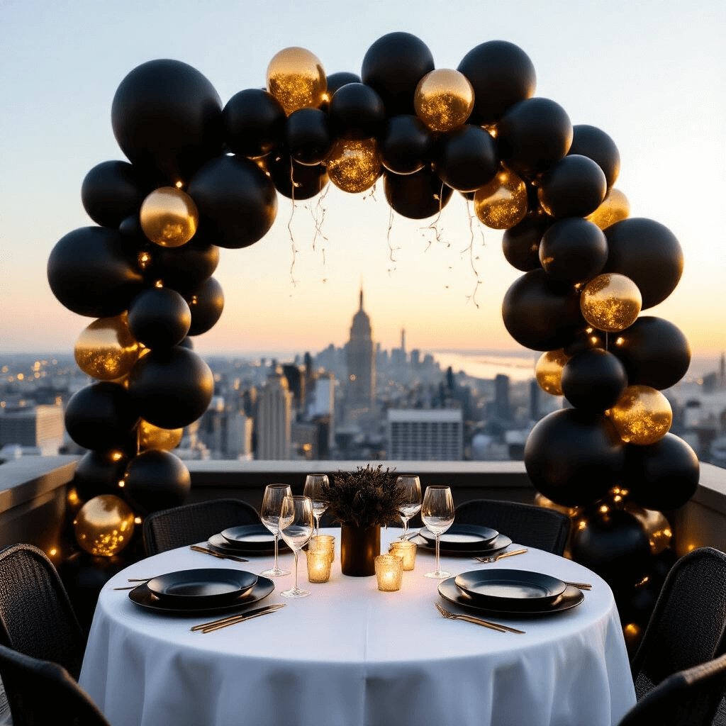 Black Balloons: The Ultimate Guide to Dramatic and Sophisticated Event Styling An intimate rooftop terrace at golden hour, featuring a table for two with white linens and matte black plates, surrounded by clusters of black balloons with gold confetti, illuminated by fairy lights against a city skyline backdrop.