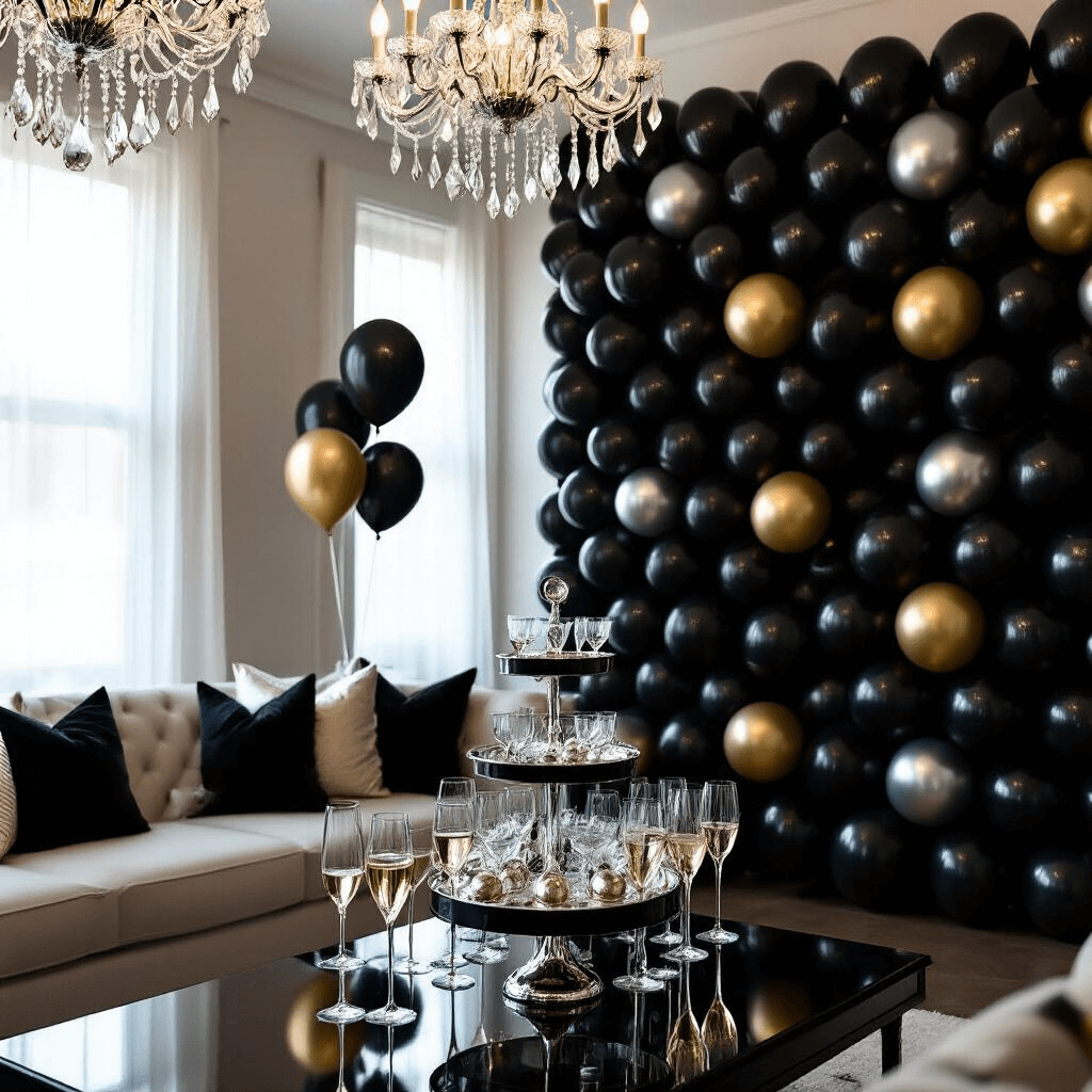 Black Balloons: The Ultimate Guide to Dramatic and Sophisticated Event Styling A chic living room adorned for New Year's Eve, featuring a striking black balloon wall with silver and gold accents, sparkling crystal chandeliers, and a champagne tower surrounded by elegant flutes.
