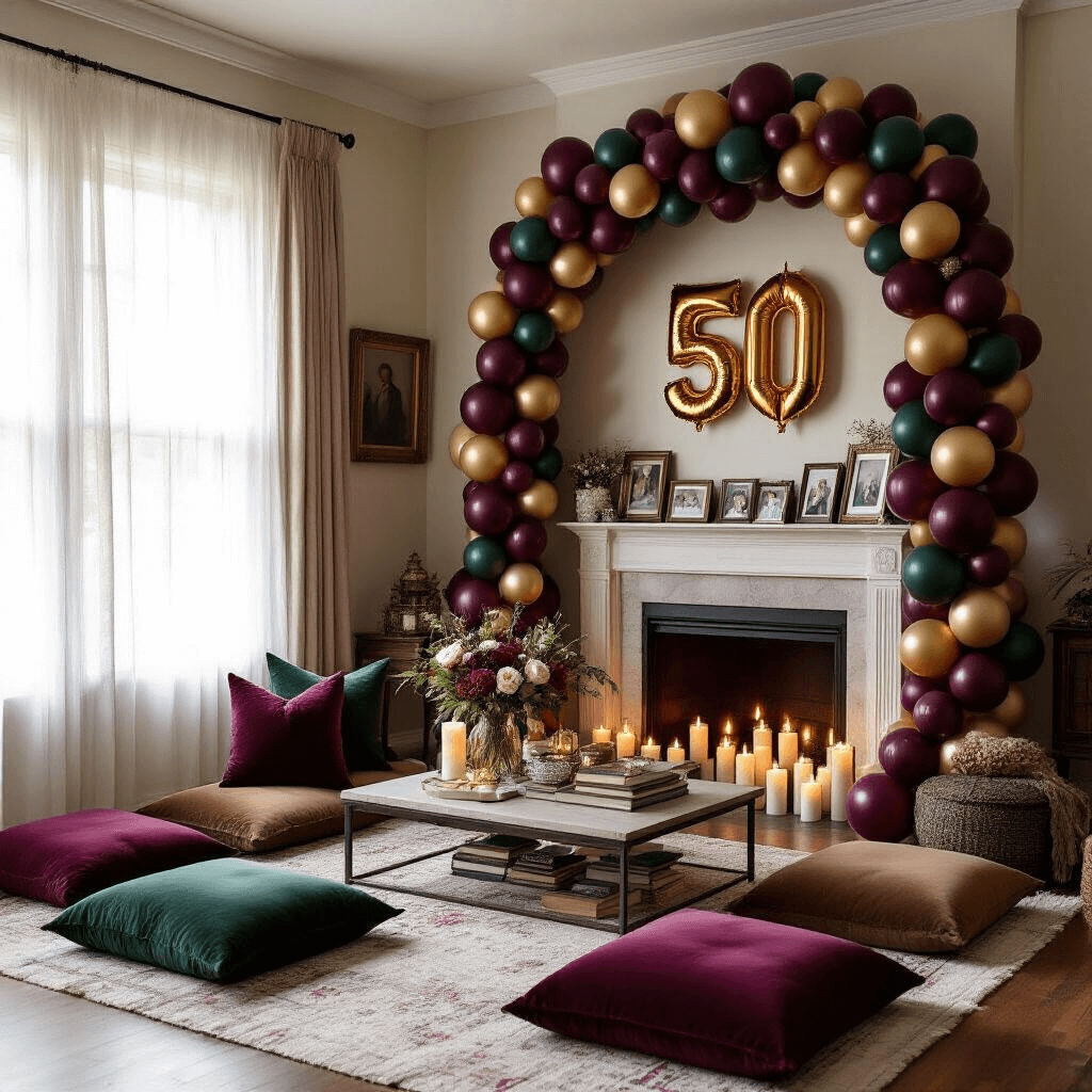 Ultimate Guide to Birthday Balloons: Transform Your Celebration with Colorful Style A cozy living room setup for a milestone celebration, featuring soft morning light, plush jewel-toned floor cushions, a balloon garland in burgundy, green, and gold around the fireplace, warm candles, vintage books, and framed photos highlighting the guest of honor's life, with a prominent '50' balloon sculpture.