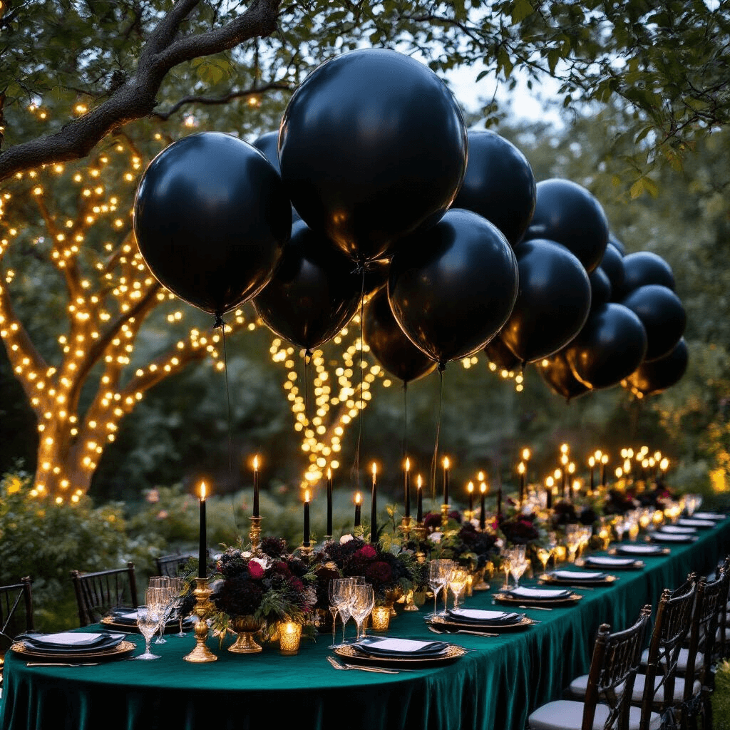 Black Balloons: The Ultimate Guide to Dramatic and Sophisticated Event Styling A lush twilight garden with oversized black balloons floating above emerald velvet tables, adorned with twinkling fairy lights in tree branches and dark floral centerpieces with black candles.
