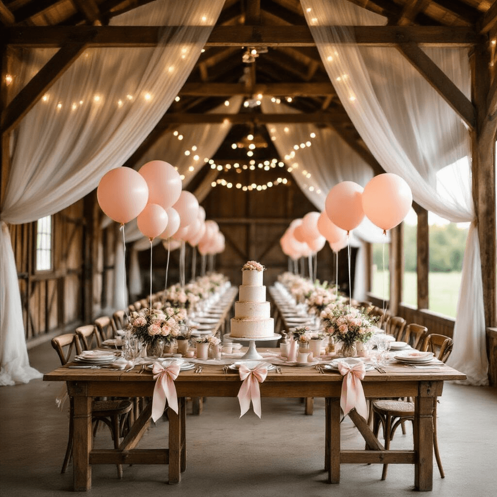 Bow Balloons: The Ultimate Guide to Whimsical Event Decor A rustic barn wedding reception at golden hour, featuring wooden beams draped in sheer white fabric, long farmhouse tables with blush pink and cream bow balloons, vintage china place settings illuminated by soft fairy lights, and a dessert table with a tiered naked cake surrounded by smaller bow balloons.