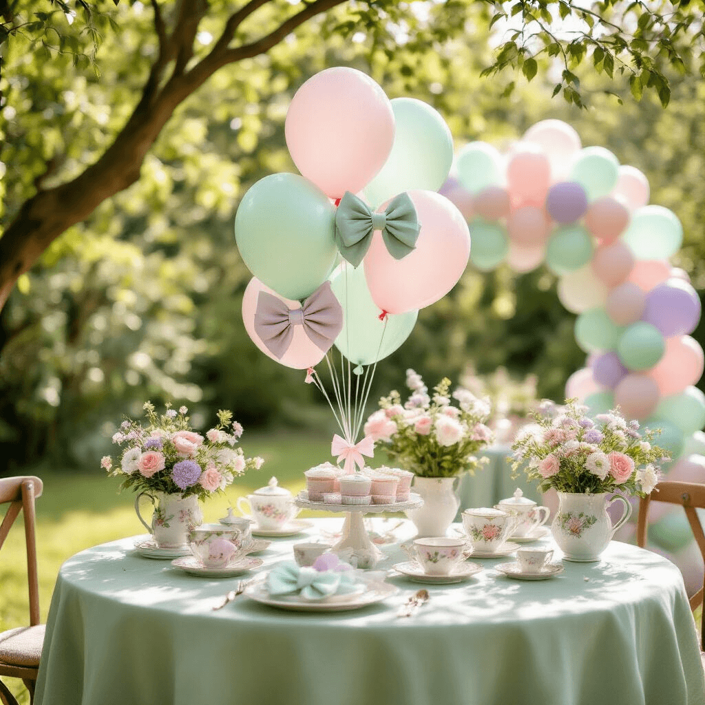 Bow Balloons: The Ultimate Guide to Whimsical Event Decor An enchanting baby shower set in a sunlit garden, featuring a round table draped in sage green linen with pastel bow balloons and vintage teacup floral arrangements. A nearby gift table showcases a mint and lavender balloon arch, all illuminated by soft morning light filtering through tree branches. A close-up highlights the table's intricate details.