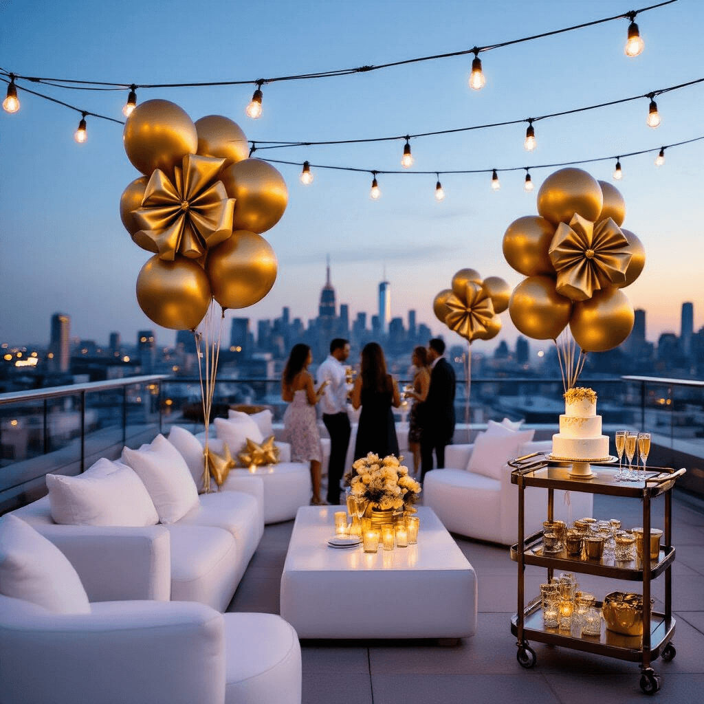 Bow Balloons: The Ultimate Guide to Whimsical Event Decor A chic rooftop birthday celebration at twilight featuring sleek white lounge furniture, vibrant metallic gold bow balloons, a modern bar cart with champagne flutes and a stylish cake, string lights overhead, and guests mingling against a city skyline, captured from a high angle.
