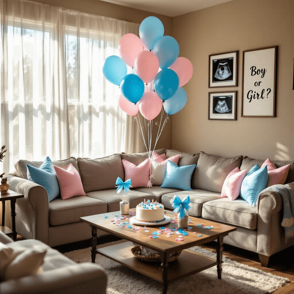 Bow Balloons: The Ultimate Guide to Whimsical Event Decor An intimate living room gender reveal party with blue and pink bow balloons, a cozy sectional sofa, a cake on a coffee table, and framed ultrasound photos, all illuminated by warm afternoon light.