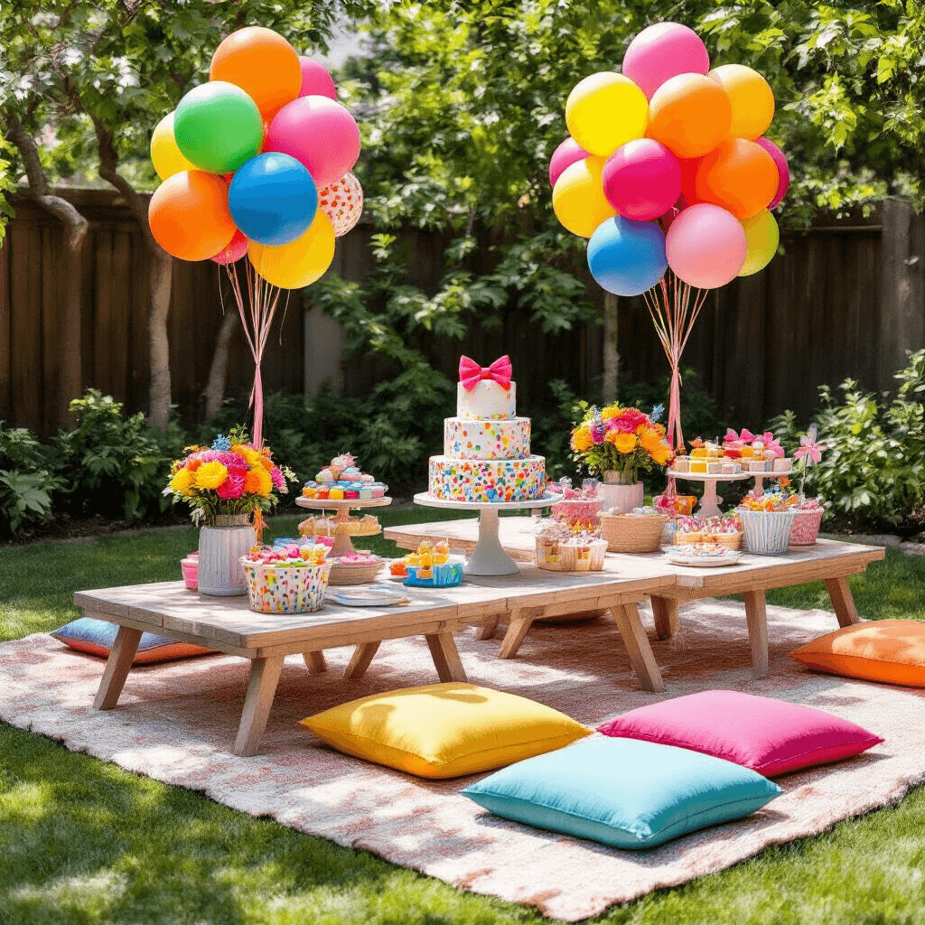 Bow Balloons: The Ultimate Guide to Whimsical Event Decor A vibrant kids' birthday party in a stylish backyard featuring picnic-style tables with colorful cushions, bold primary-colored bow balloons, a tiered funfetti cake at a dessert station, rainbow balloon bouquets, DIY party favors, and personalized signage, all captured in natural midday light.