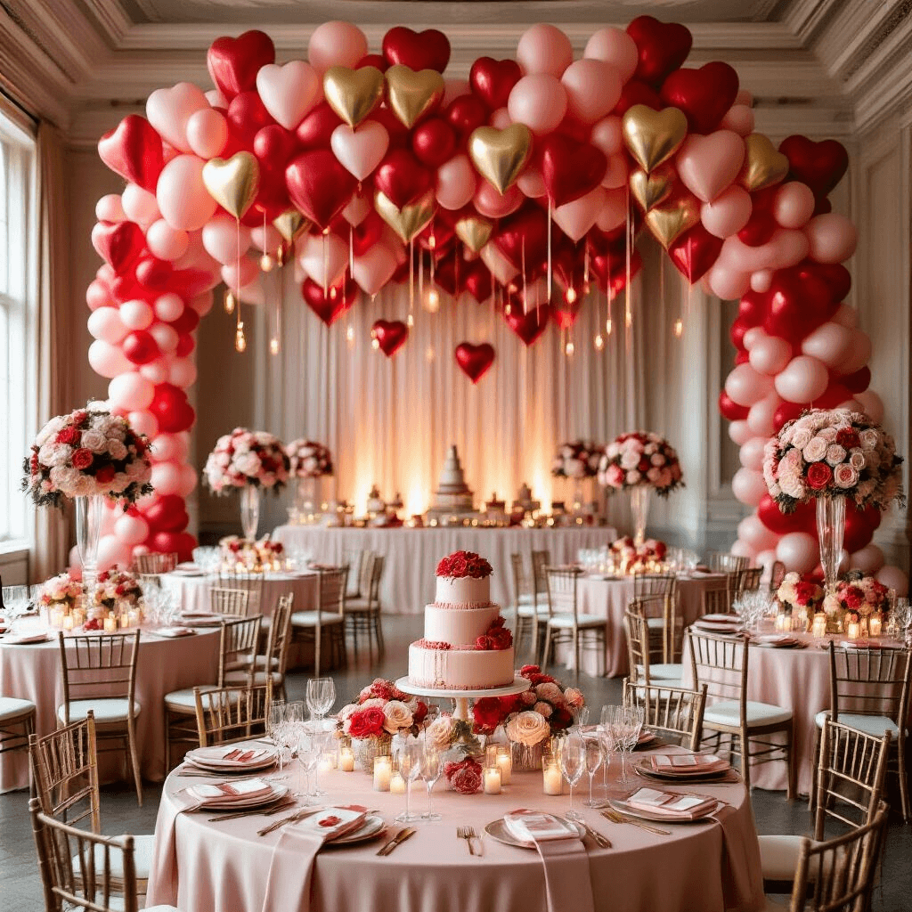 Valentine's Balloons: The Ultimate Guide to Romantic Decor A wide shot of a luxurious Valentine's Day ballroom decorated with heart-shaped balloon installations, blush silk table linens, floral centerpieces, and a grand dessert table, all bathed in soft golden hour light.