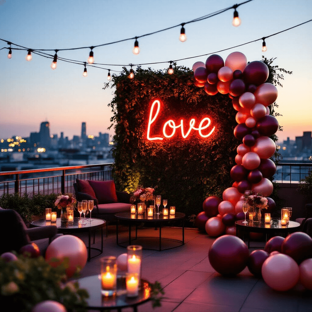 Valentine's Balloons: The Ultimate Guide to Romantic Decor An intimate rooftop terrace at twilight adorned with fairy lights and a 'Love' neon sign, featuring a backdrop of burgundy, blush, and rose gold balloons. Low tables with candles and miniature bouquets enhance the ambiance, while a close-up captures a champagne toast against a blurred cityscape filled with balloons.