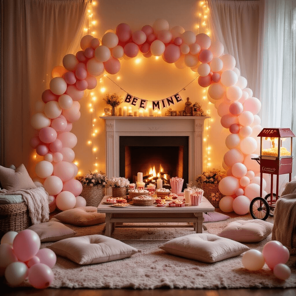 Valentine's Balloons: The Ultimate Guide to Romantic Decor A cozy living room adorned for a romantic movie night with warm lighting, featuring a pastel balloon arch and 'Be Mine' banner above a fireplace, picnic-style setup on a coffee table with plush cushions, heart-shaped balloons, fairy lights, and a vintage popcorn machine.