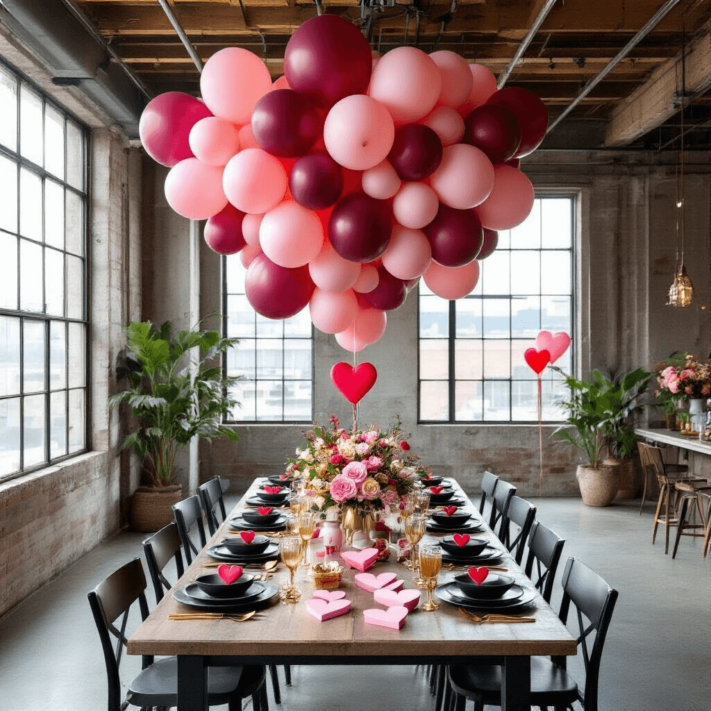Valentine's Balloons: The Ultimate Guide to Romantic Decor A modern loft designed for a chic Valentine's Day brunch, featuring a dramatic ombré balloon installation, an industrial dining table set with matte black plates and gold cutlery, and a DIY mimosa bar adorned with fresh flowers, all captured in an overhead flat lay style against a concrete floor.