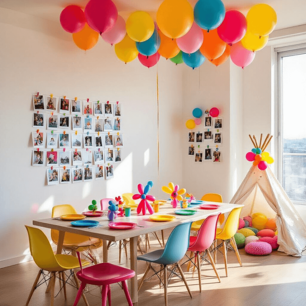 Ultimate Guide to Birthday Balloons: Transform Your Celebration with Colorful Style A lively children's party in a sunlit modern apartment, featuring colorful balloon decorations, a table set with bright plates and mini balloon animals, a playful teepee, and a photo wall with instant photos attached to balloons.